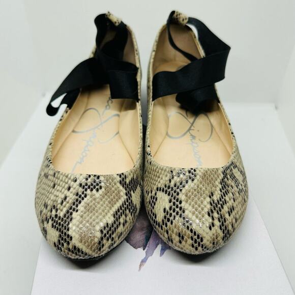 Jessica Simpson Beige & Black Snake Embossed Ankle-Wrap Ballet Flats size 6.5 - Picture 1 of 11